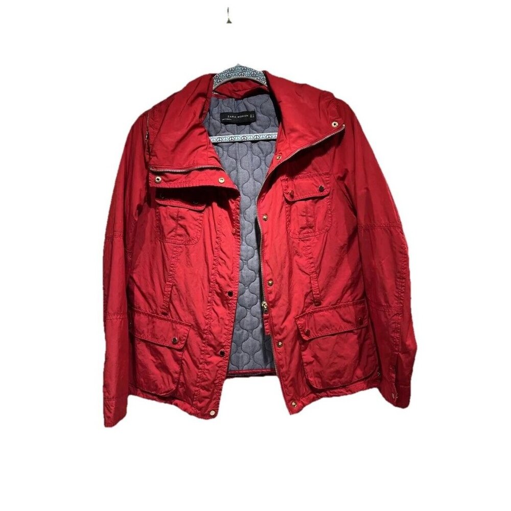 Zara Womans Sz S Red Hooded Zip‎ Cinch Pocket Jacket Lined Removable Vest